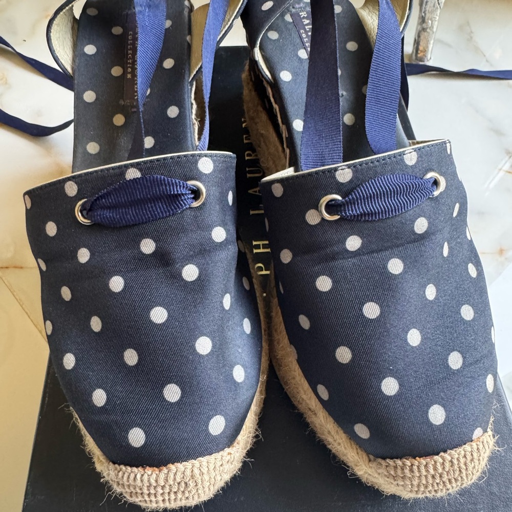 Ralph Lauren Purple Label Navy and White Polka Dot Espadrille Wedges